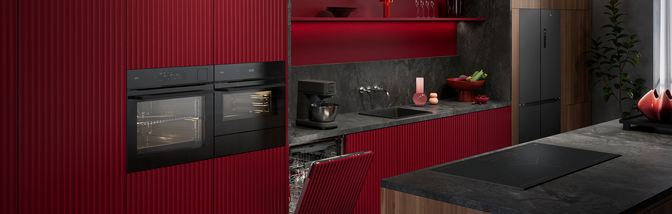 Burgandy kitchen with AEG kitchen appliances